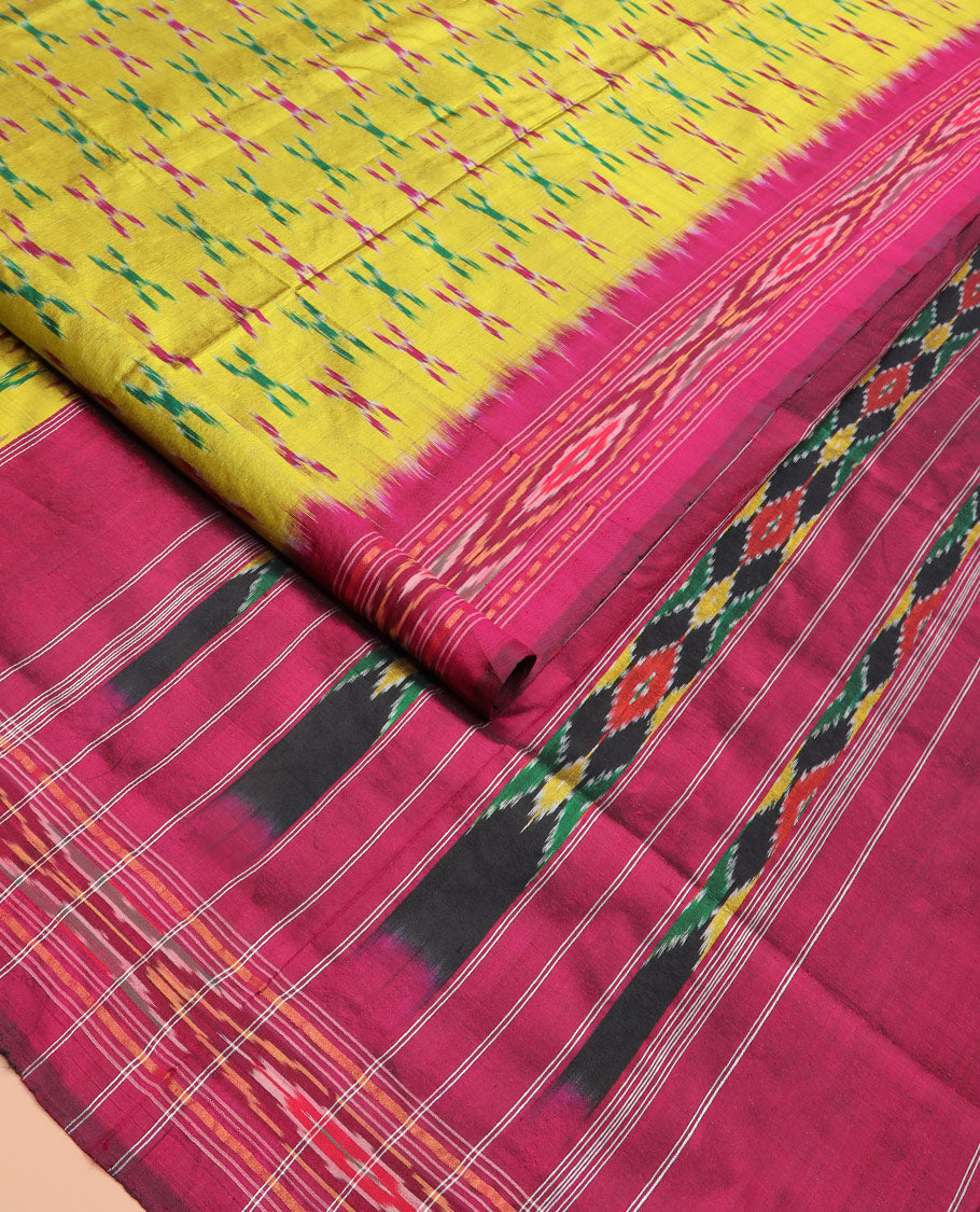 Yellow Ikkat Silk Saree with Cross Buttas Across the Body, Highlighted by a Captivating Contrast Ikkat-Textured Border, Featuring a Pallu Designed with Stripes and Ikkat Texture