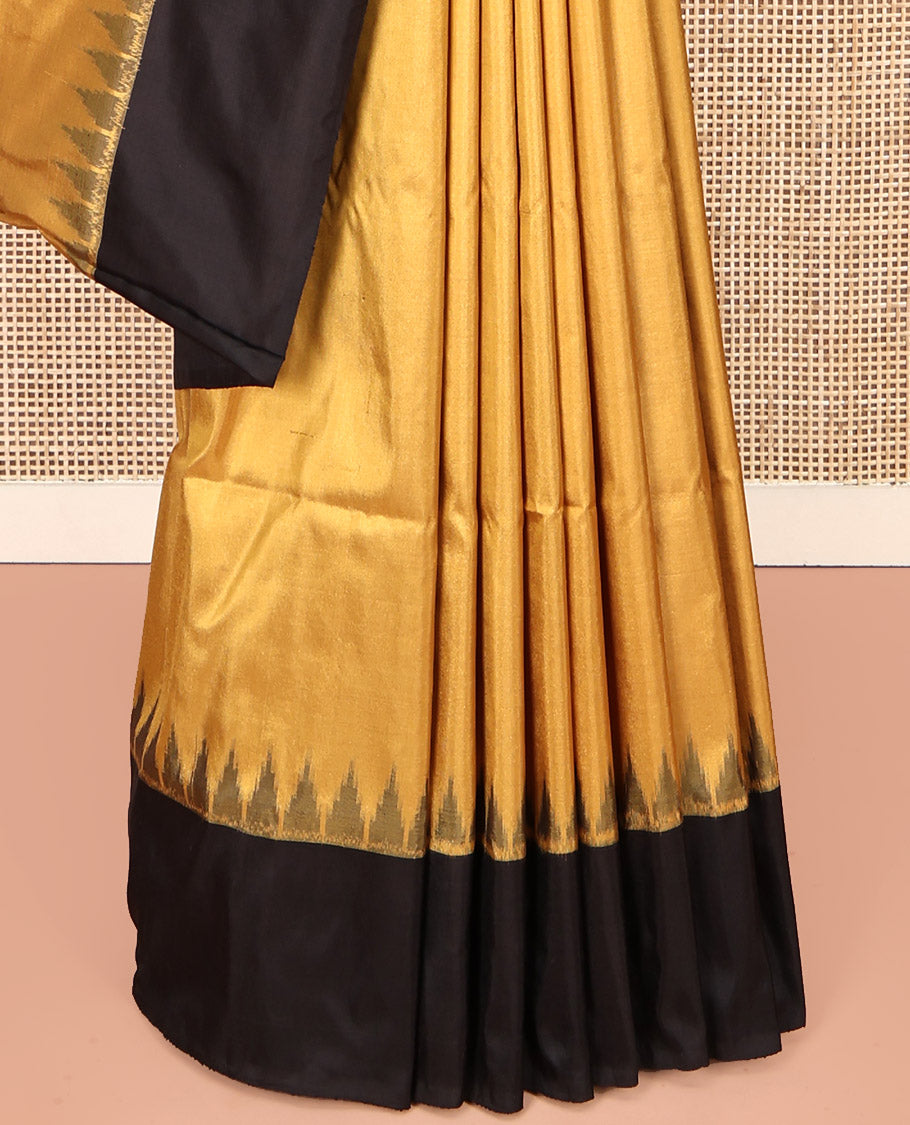 Sandal Plain Pochampally Ikat Silk Saree, Complemented by a Contrast Temple Border, Pallu of Big Polka Dot, and Paired with a Contrast Blouse