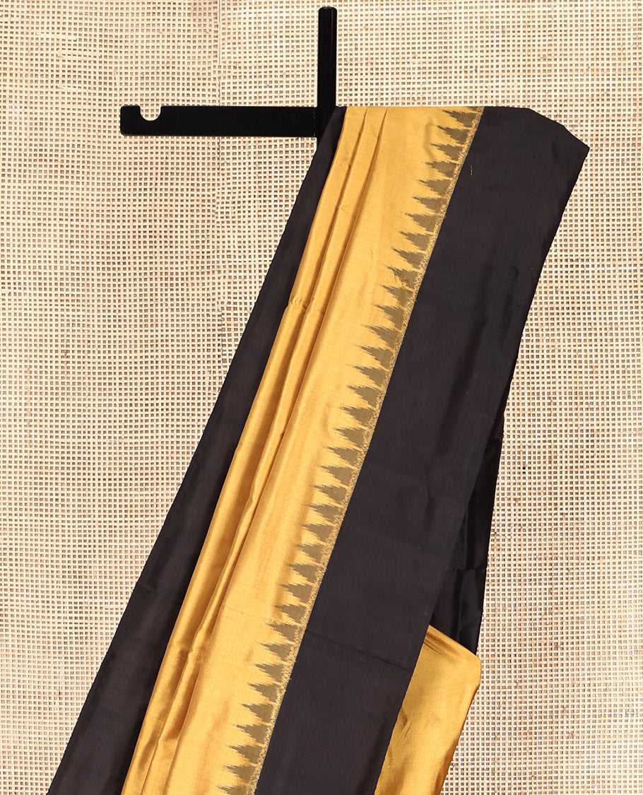 Sandal Plain Pochampally Ikat Silk Saree, Complemented by a Contrast Temple Border, Pallu of Big Polka Dot, and Paired with a Contrast Blouse