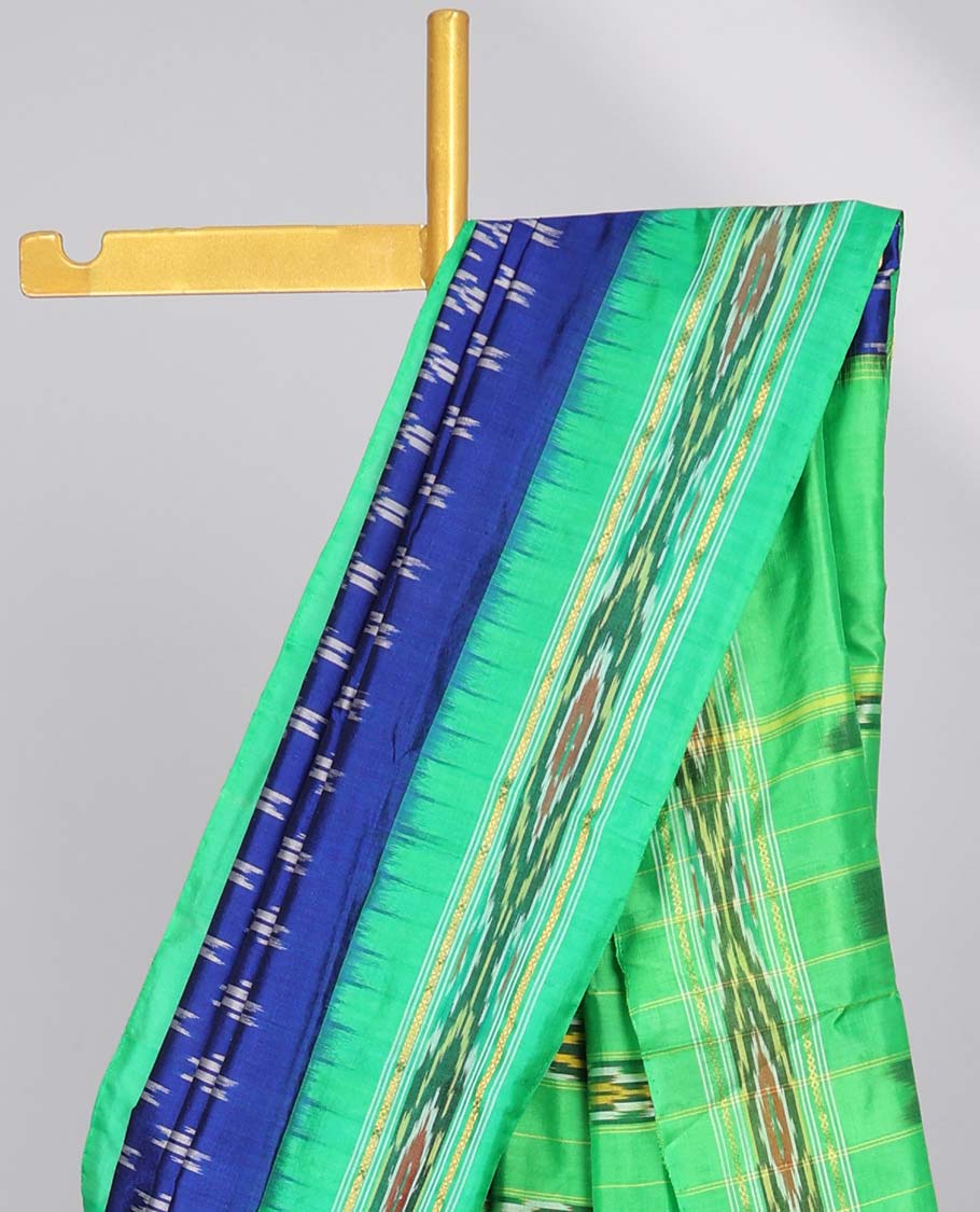 Blue intricate design ikkat silk saree with contrast striped border & striped design pallu