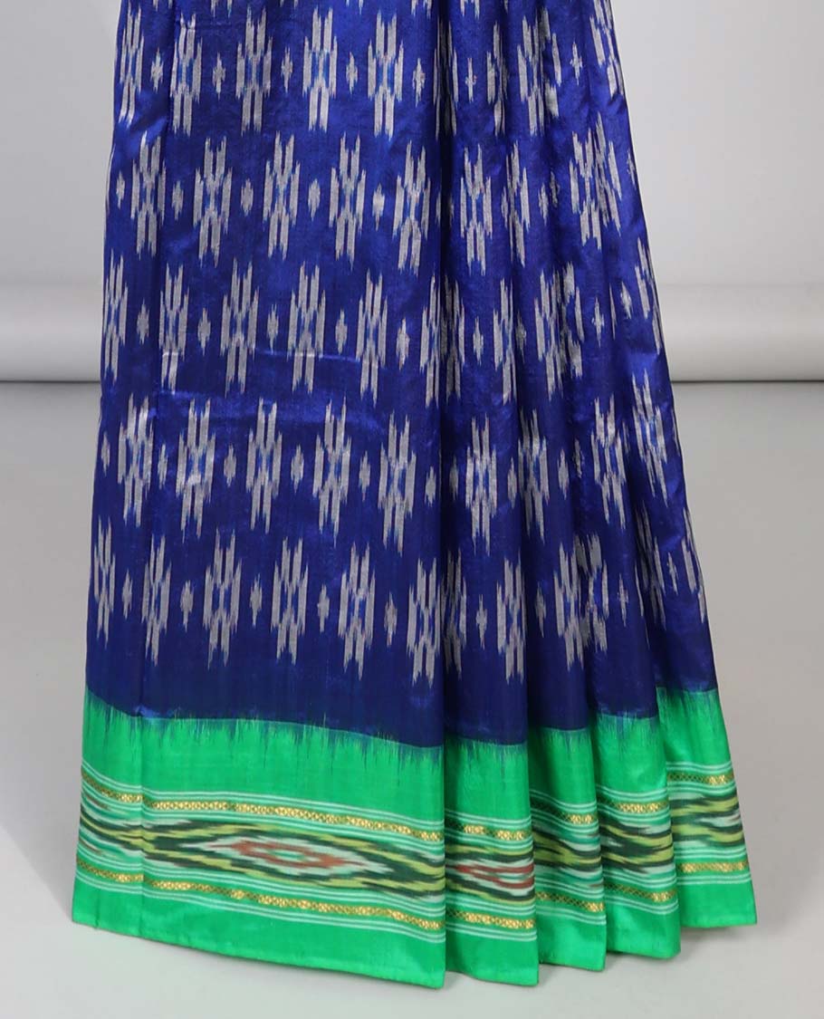 Blue intricate design ikkat silk saree with contrast striped border & striped design pallu