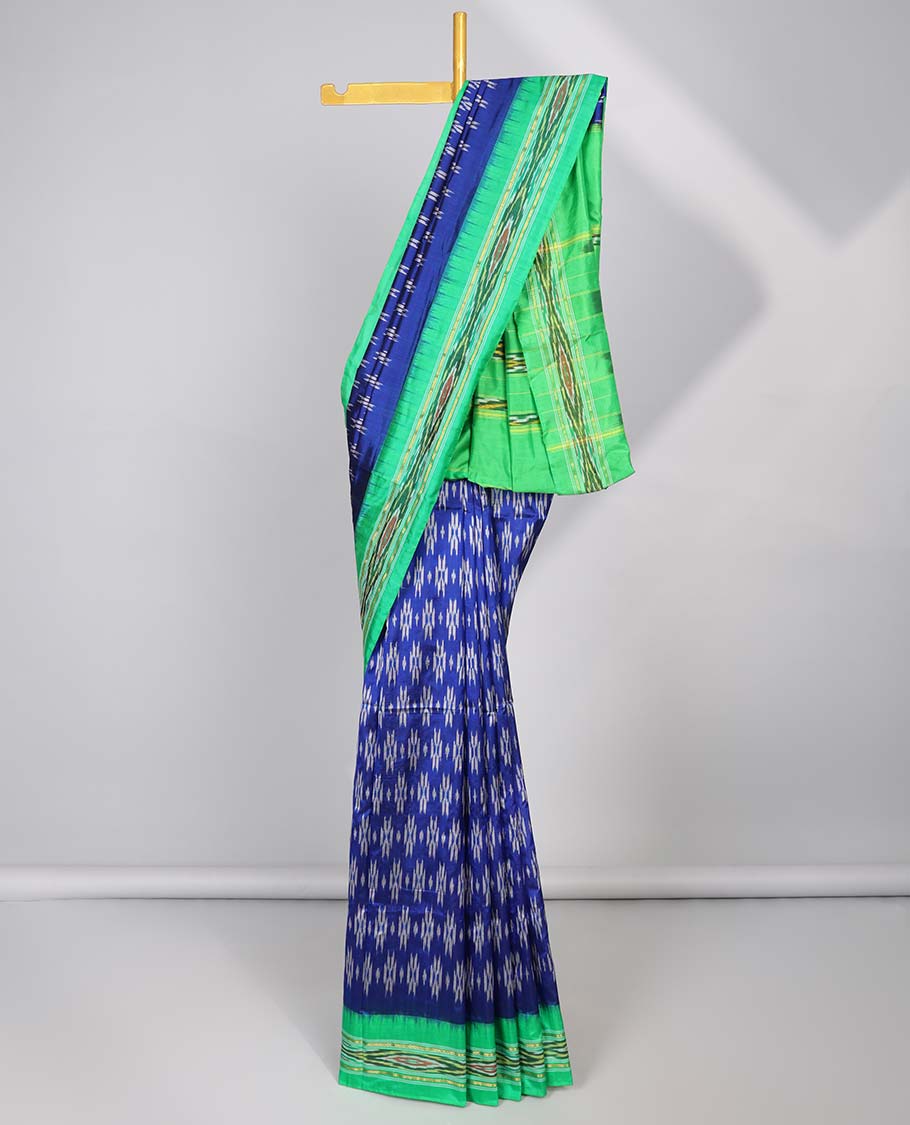 Blue intricate design ikkat silk saree with contrast striped border & striped design pallu