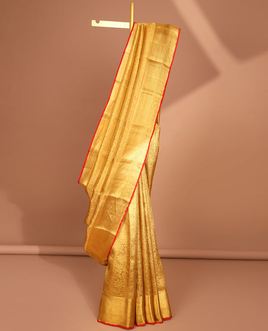 Mustard floral jacquard tissue saree wth self traditional zari design border & intricate zari design pallu