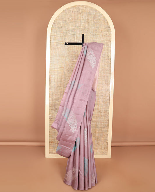 Borderless mauve buttas kancheepuram silk sareee with geometric design pallu