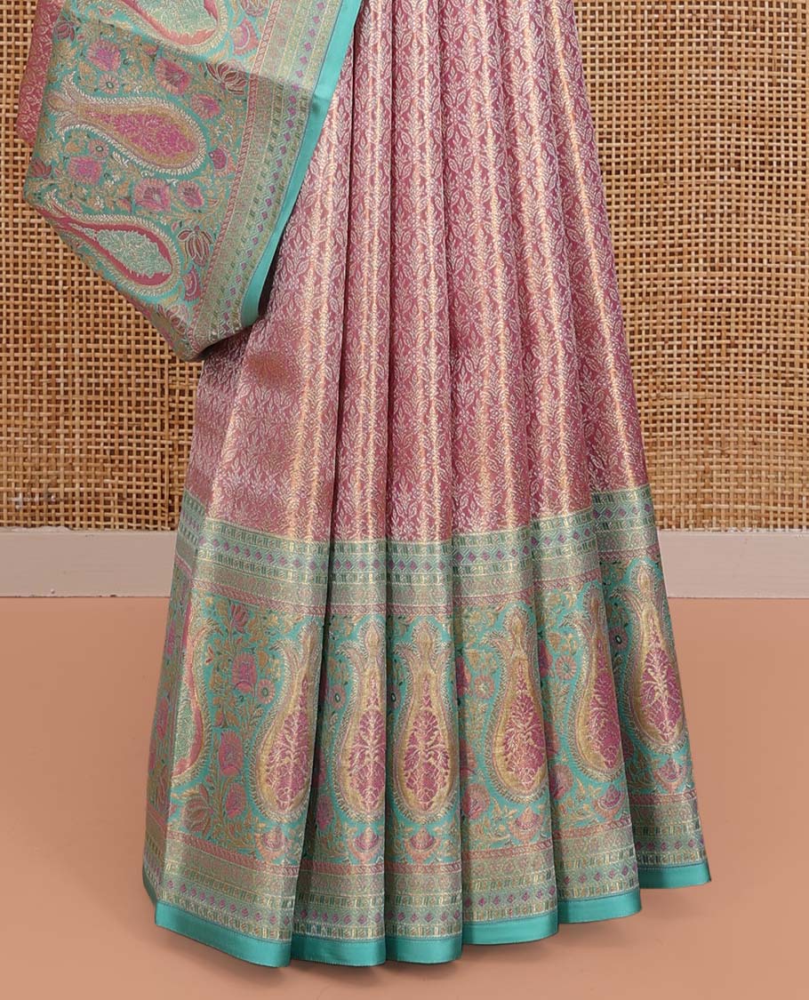 Pink Kanchipuram Tissue Silk Saree, Accentuated with Jacquard Designs on Its Body,  Complemented by a Contrast Meenakari Border, Intricately Designed Meenakari Pallu, and Paired with a Contrast Blouse