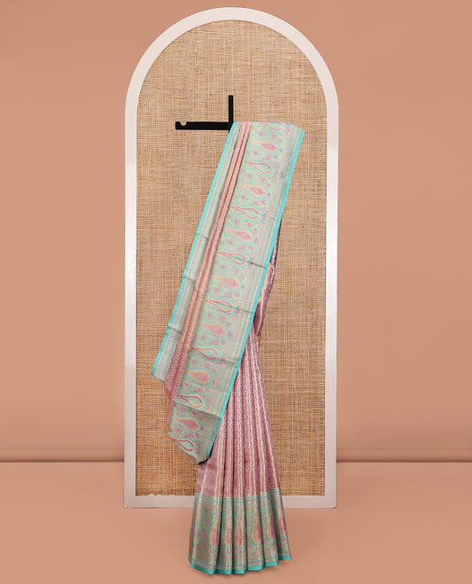 Pink Kanchipuram Tissue Silk Saree, Accentuated with Jacquard Designs on Its Body,  Complemented by a Contrast Meenakari Border, Intricately Designed Meenakari Pallu, and Paired with a Contrast Blouse