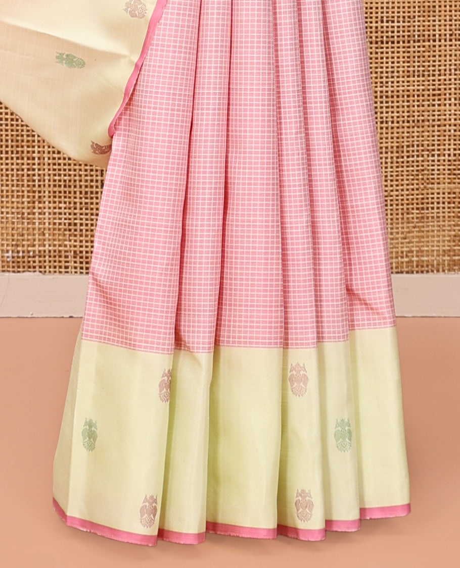 Pink Kanchipuram Silk Saree, Subtly Sparkled with Checks, Complemented by a Contrast Iruthalai Pakshi Border, Intricate Pallu, and Contrast Blouse