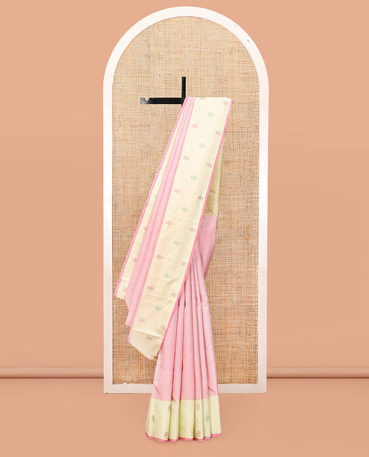 Pink Kanchipuram Silk Saree, Subtly Sparkled with Checks, Complemented by a Contrast Iruthalai Pakshi Border, Intricate Pallu, and Contrast Blouse