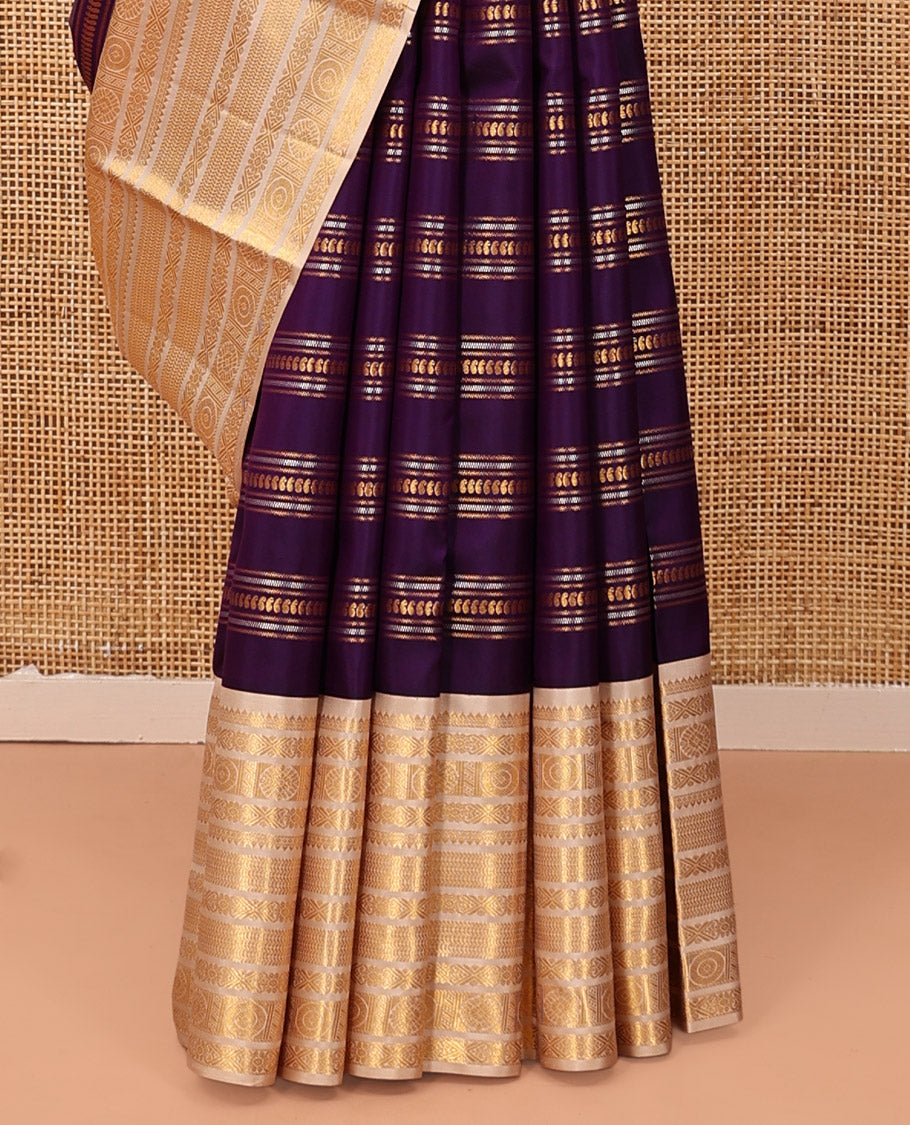 Purple Kanchipuram Designer Silk Saree, Boldly Accentuated with Manga Designs, Contrast Border of Chakram, Rekku, Kathir, and Jada Nagam Designs, Paisley Pallu, and a Contrast Blouse