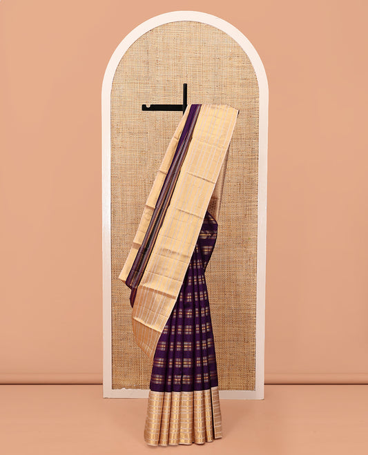 Purple Kanchipuram Designer Silk Saree, Boldly Accentuated with Manga Designs, Contrast Border of Chakram, Rekku, Kathir, and Jada Nagam Designs, Paisley Pallu, and a Contrast Blouse