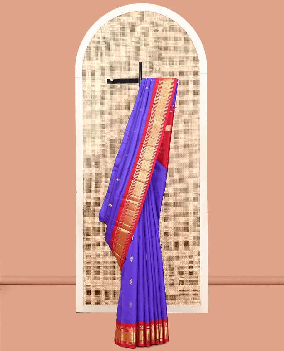 Violet Kanchipuram Silk Saree, Woven with Zari Buttas, a Contrast One-Sided Korvai Border of Salngai, Banaras, Muthu, and Geometric Designs, Zari Design Pallu, and No Blouse