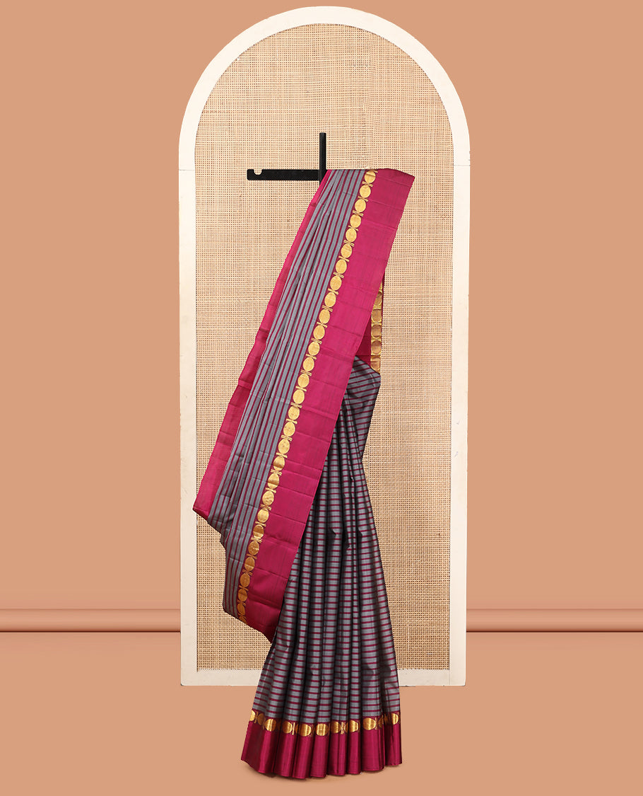 Grey Striped Kanchipuram Silk Saree, Complemented by a Contrast Kal Eragina Border of Rudraskham Design, Pallu of Zari Design, and a Contrast Blouse