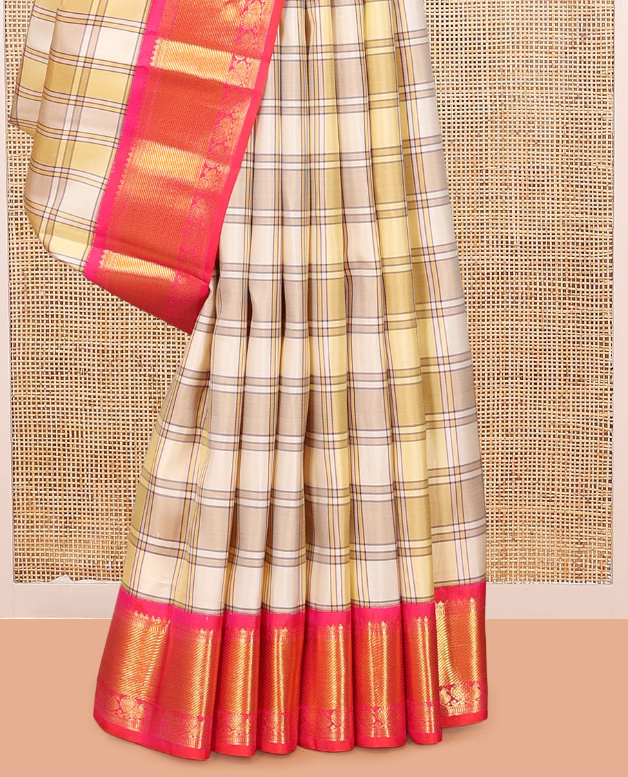 Multi-Color Burberry-Style Checked Kanchipuram Silk Saree, Contrast Border of Thilakam Mokku, Muthu, and Mayil Design, Ara Maadam Pallu, and a Contrast Blouse