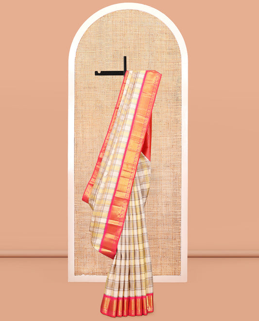 Multi-Color Burberry-Style Checked Kanchipuram Silk Saree, Contrast Border of Thilakam Mokku, Muthu, and Mayil Design, Ara Maadam Pallu, and a Contrast Blouse