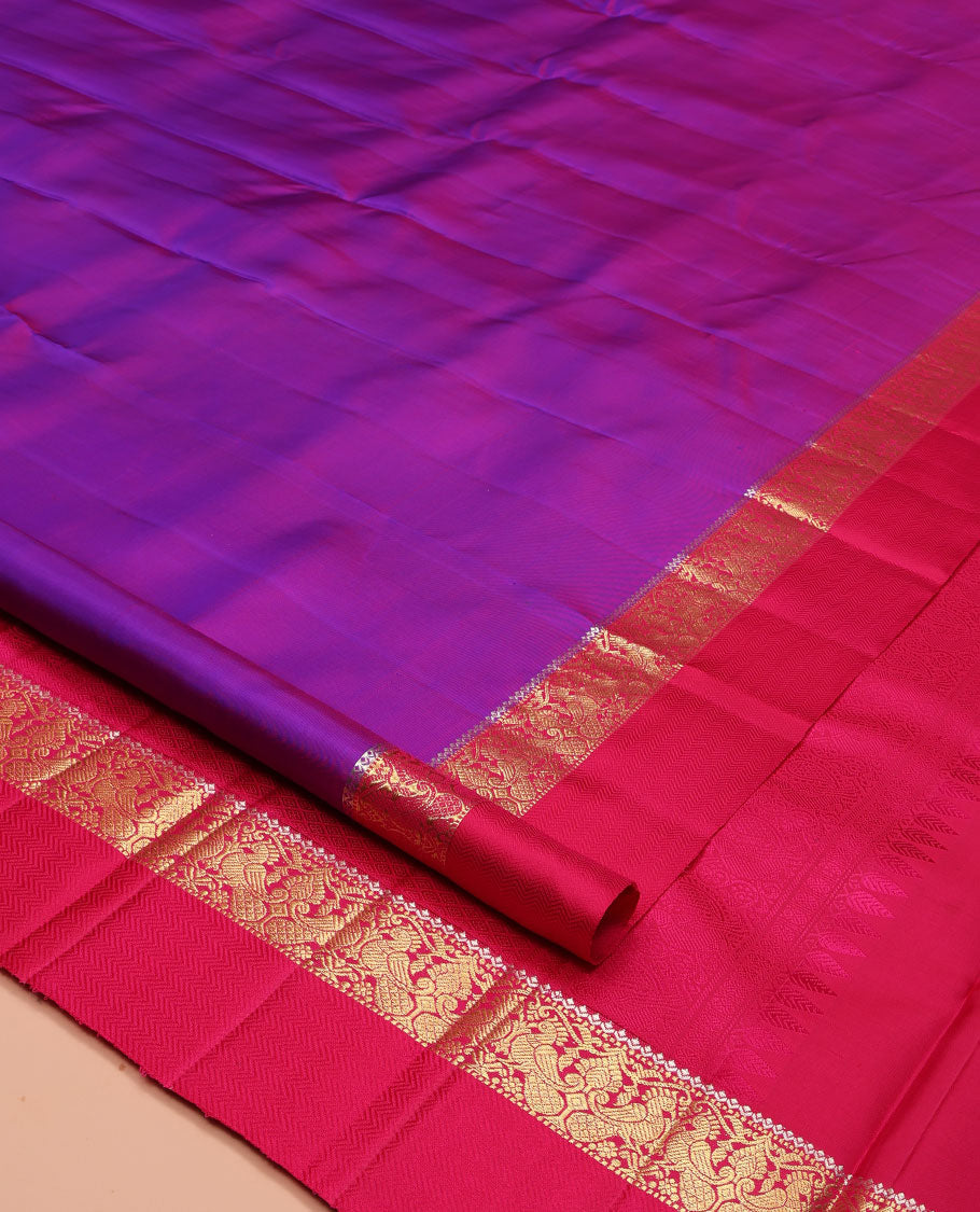 Purple Plain Kanchipuram Silk Saree, Complemented by a Contrast Border of Muthu, Mayil, and Vanki Designs, Sparsely Woven Jaal Pallu, and Paired with a Contrast Blouse