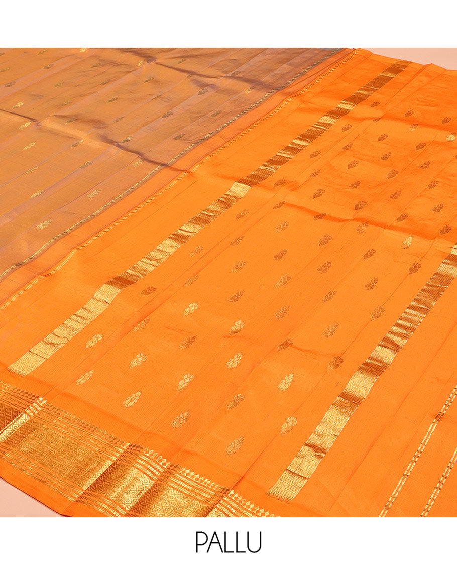 Orange Kanchipuram Silk Saree, Decorated with Zari Buttas, Complemented by a Contrast One-Sided Border of Panner Sombu, Banaras, Muthu, and Jaal Designs, Grand Pallu, and No Blouse