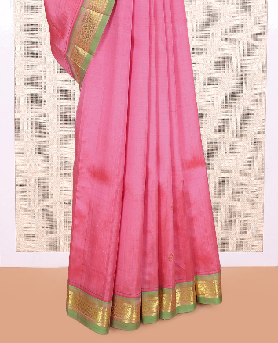 Pink Kanchipuram Silk Saree, Woven with Zari Buttas, a Contrast Jaal Zari One-sided Border, Zari Woven Pallu, and No Blouse