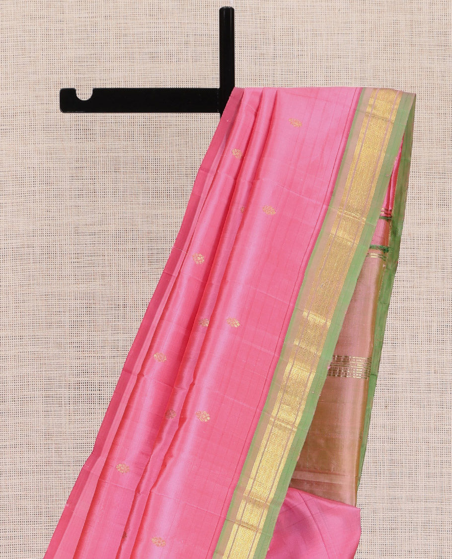 Pink Kanchipuram Silk Saree, Woven with Zari Buttas, a Contrast Jaal Zari One-sided Border, Zari Woven Pallu, and No Blouse