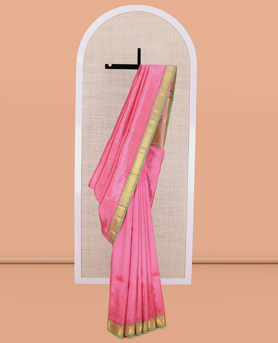 Pink Kanchipuram Silk Saree, Woven with Zari Buttas, a Contrast Jaal Zari One-sided Border, Zari Woven Pallu, and No Blouse