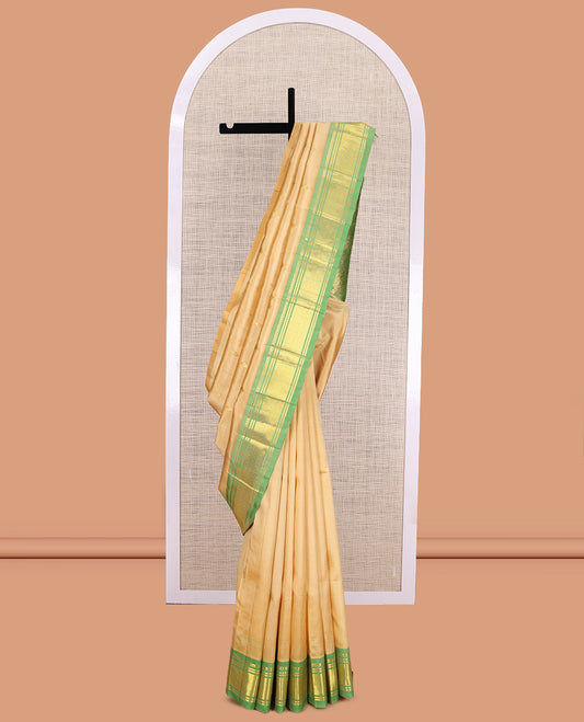 Sandal Kanchipuram Silk Saree, Subtly Woven with Zari Buttas, a Contrast One-Sided Border of Paneer Sombu, Banaras and Jaal Design, Zari Design Pallu, and No Blouse
