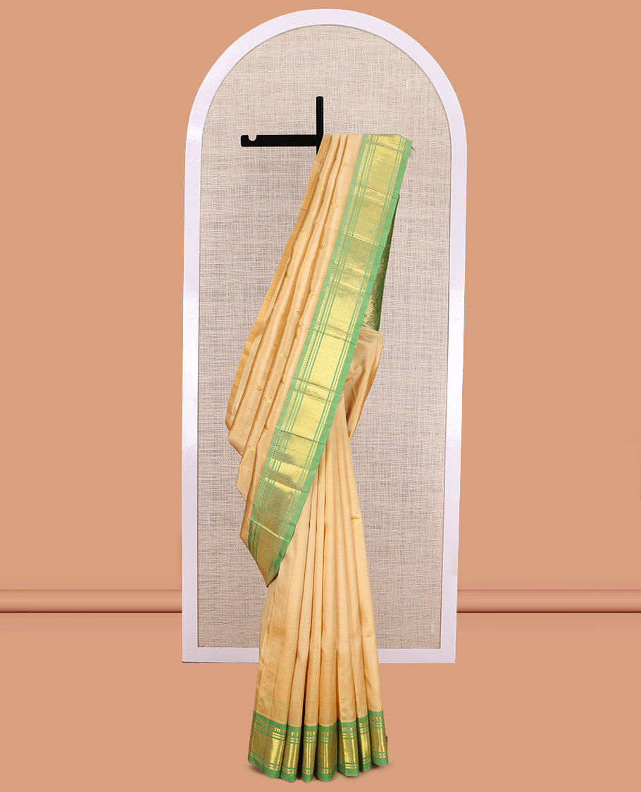 Sandal Kanchipuram Silk Saree, Subtly Woven with Zari Buttas, a Contrast One-Sided Border of Paneer Sombu, Banaras and Jaal Design, Zari Design Pallu, and No Blouse