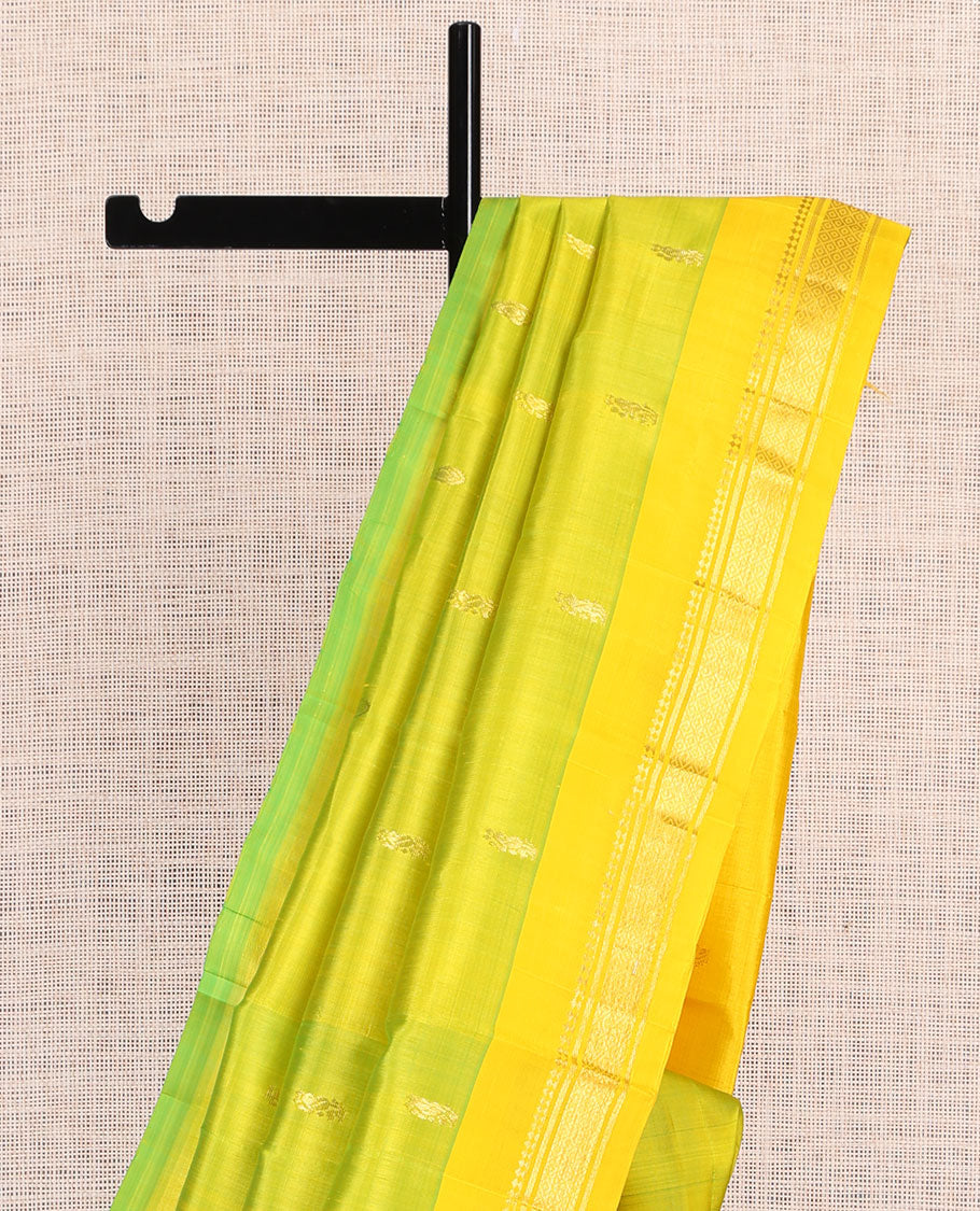 Green Kanchipuram Silk Saree, Subtly Woven with Zari Buttas, a Contrast One-Sided Border of Panner Sombu, Banaras, and Mayil Kann Designs, Zari Design Pallu, and No Blouse