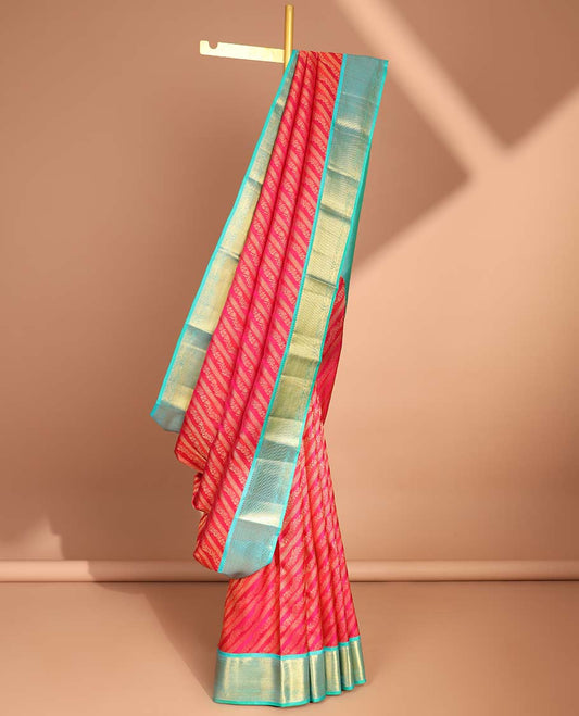 Red striped floral design kancheepuram silk saree with contrast border of sombu, muthu, banaras designs & zari design pallu