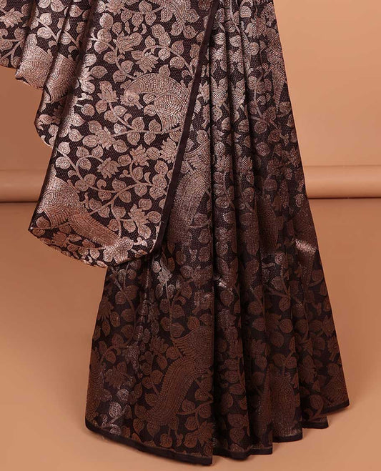 Borderless black floral vine kanchipuram designer silk saree with floral vine design pallu