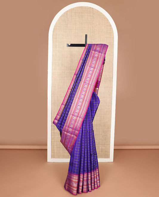 Dark blue checked kancheepuram silk saree with contrast thread border of rekku, banaras, paun design & intricate zari design pallu
