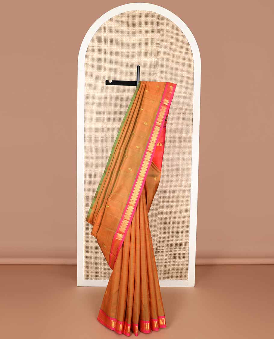 Brown buttas kancheepuram silk saree with contrast banaras, checked design border & zari design pallu