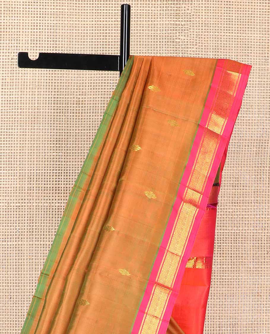 Brown buttas kancheepuram silk saree with contrast banaras, checked design border & zari design pallu