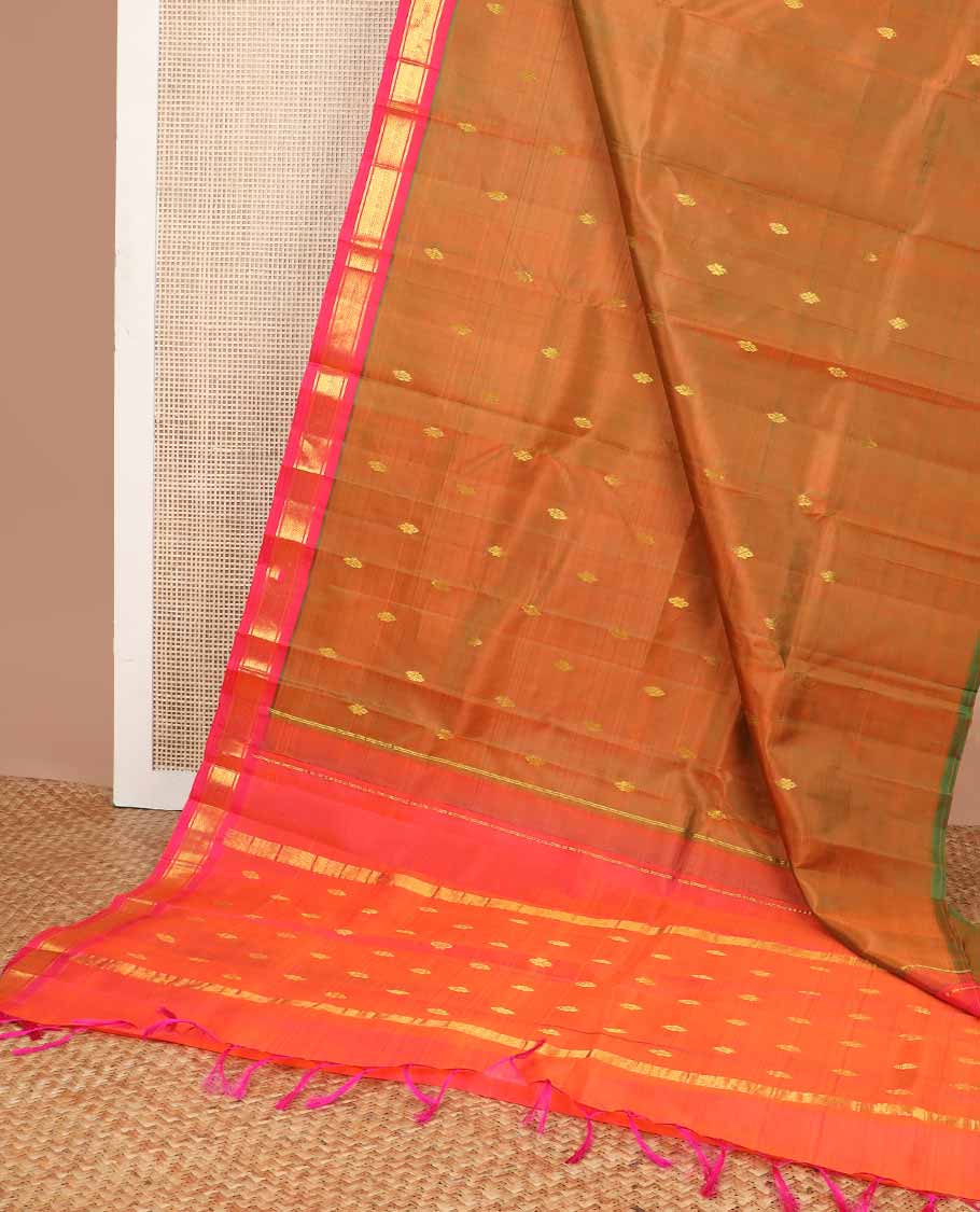 Brown buttas kancheepuram silk saree with contrast banaras, checked design border & zari design pallu