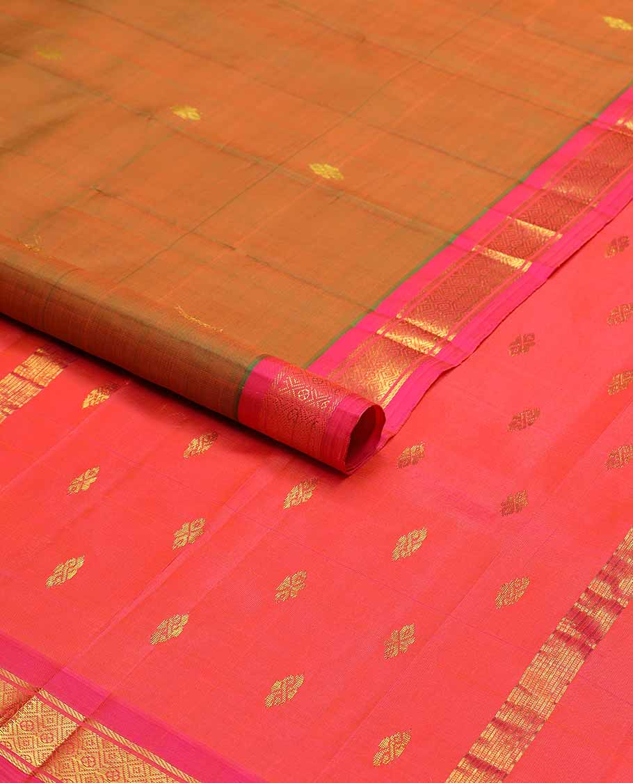 Brown buttas kancheepuram silk saree with contrast banaras, checked design border & zari design pallu