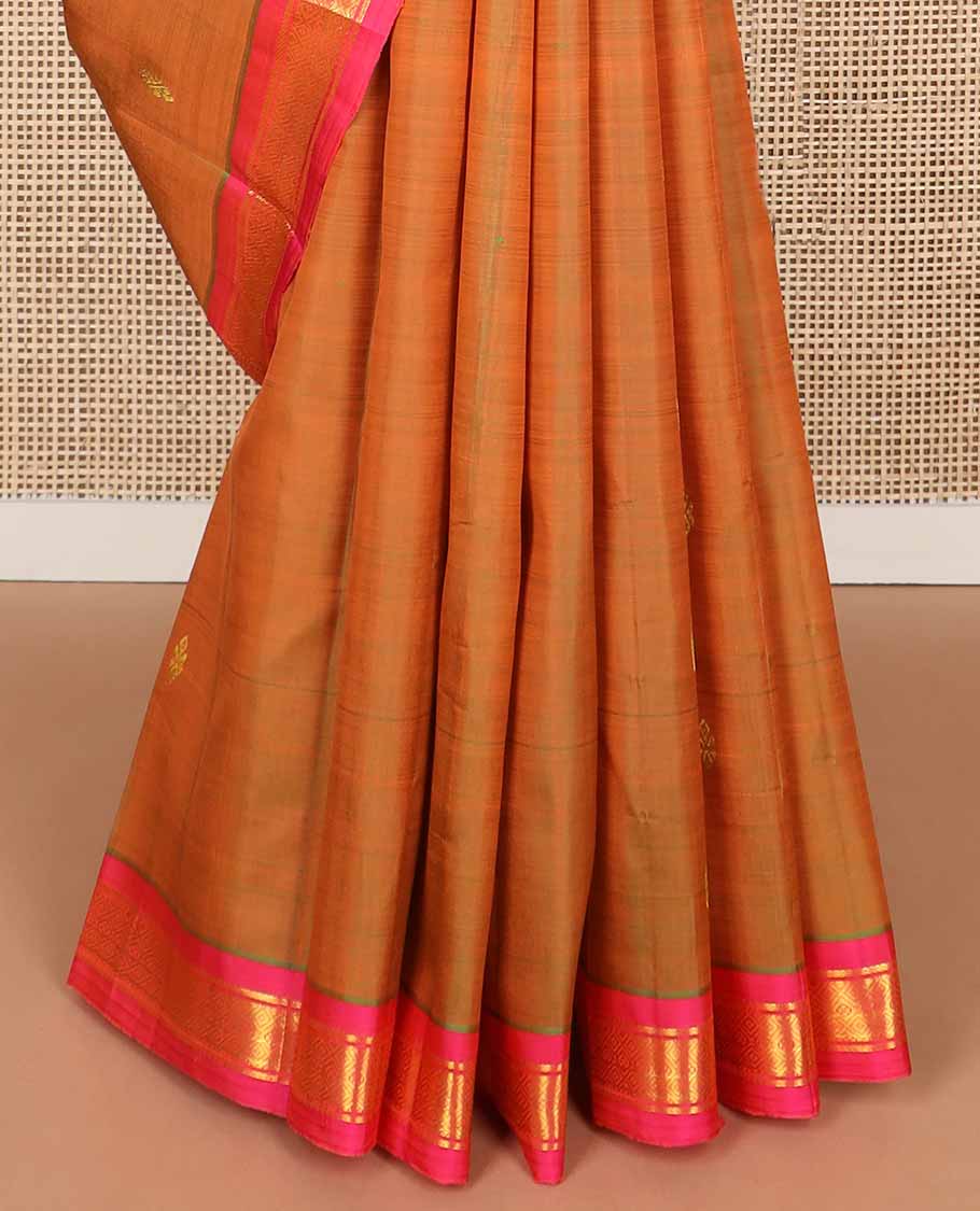 Brown buttas kancheepuram silk saree with contrast banaras, checked design border & zari design pallu