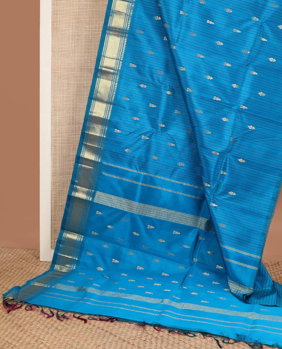 Blue striped & zari buttas Kanchipuram silksaree, one-sided border of panner sombu,banaras,muthu & jaal designs & zari design pallu