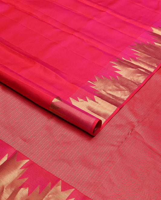 Hot pink plain design Kanchipuram silk saree, thazampoo rekku zari border & pallu of mayil kann designs
