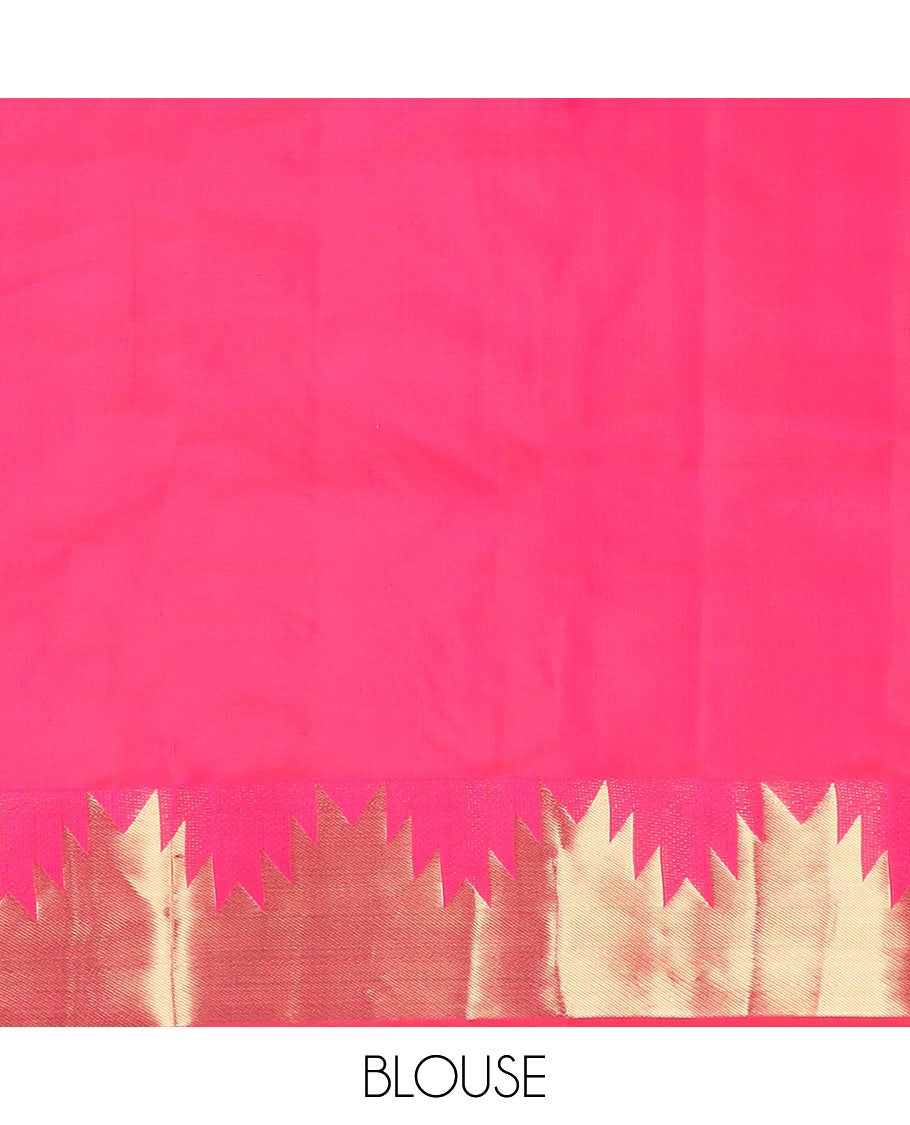 Hot pink plain design Kanchipuram silk saree, thazampoo rekku zari border & pallu of mayil kann designs