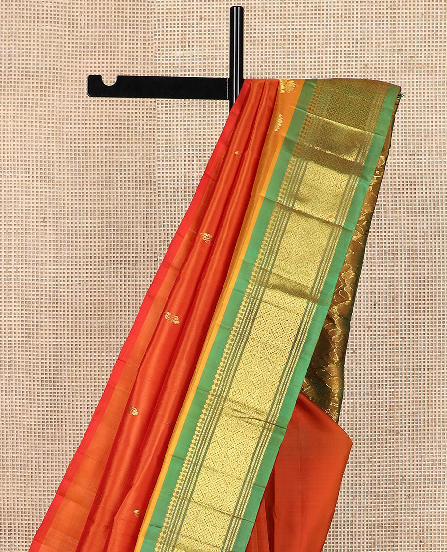 Orange zari buttas Kanchipuram silk saree, contrast border of panner sombu, banaras, muthu & jaal design & pallu of floral & jaal design