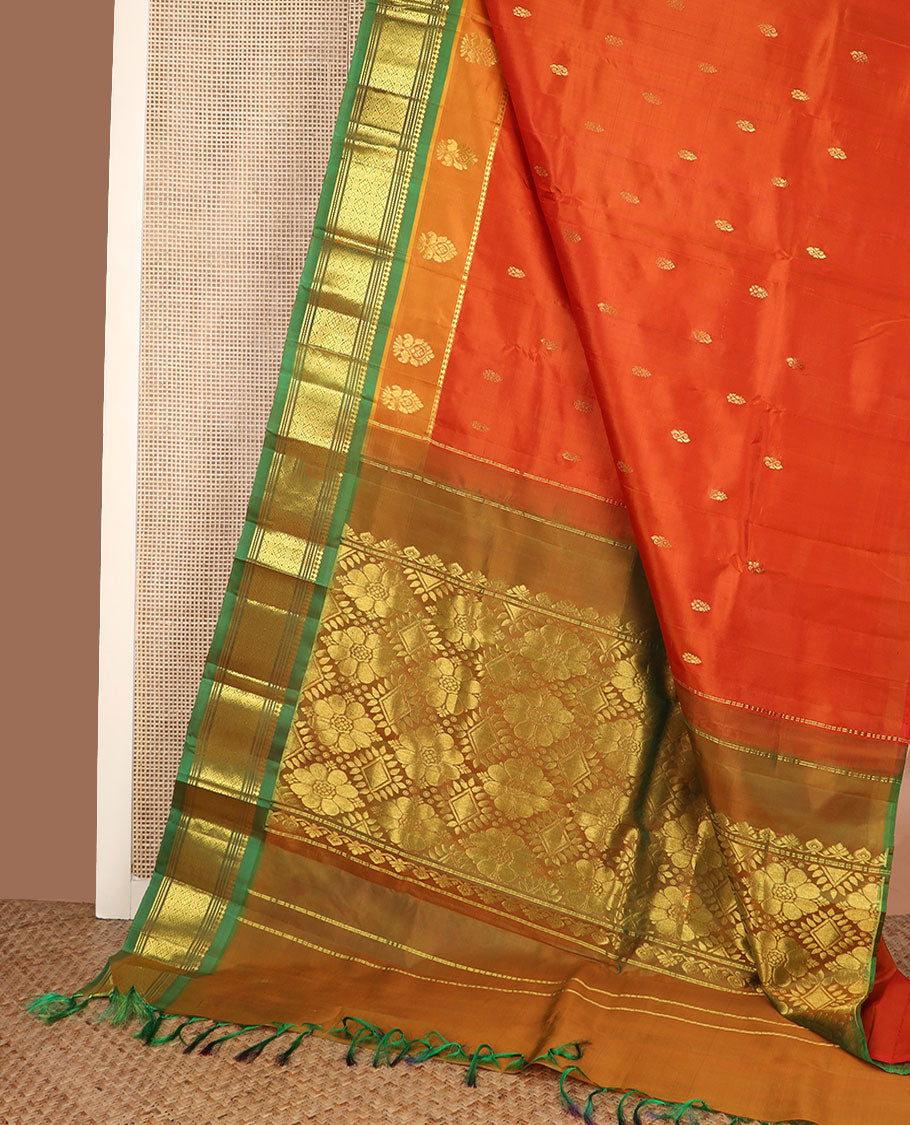 Orange zari buttas Kanchipuram silk saree, contrast border of panner sombu, banaras, muthu & jaal design & pallu of floral & jaal design
