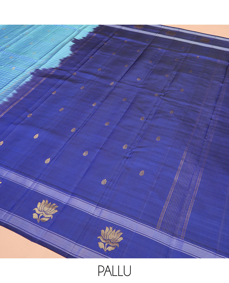Blue checked and buttas Kanchipuram silk saree, contrast border of lotus designs, and pallu of zari designs