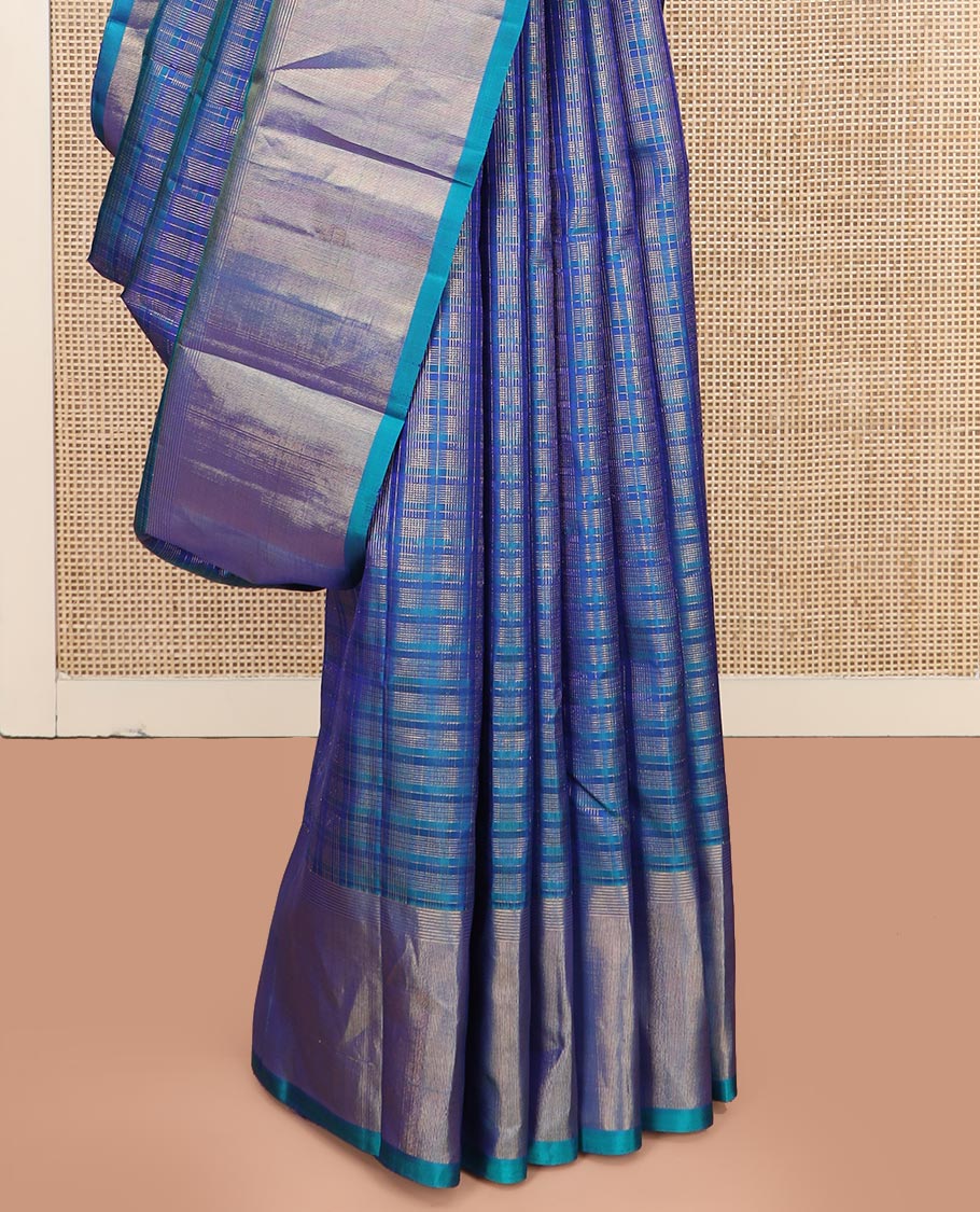 Blue Kanchipuram Silk Saree Highlighted by Checks All Over Its Body, Subtle Self-Border of Zari Designs, Pallu of Traditional Seppu Rekku Designs, and Paired with a Matching Blouse