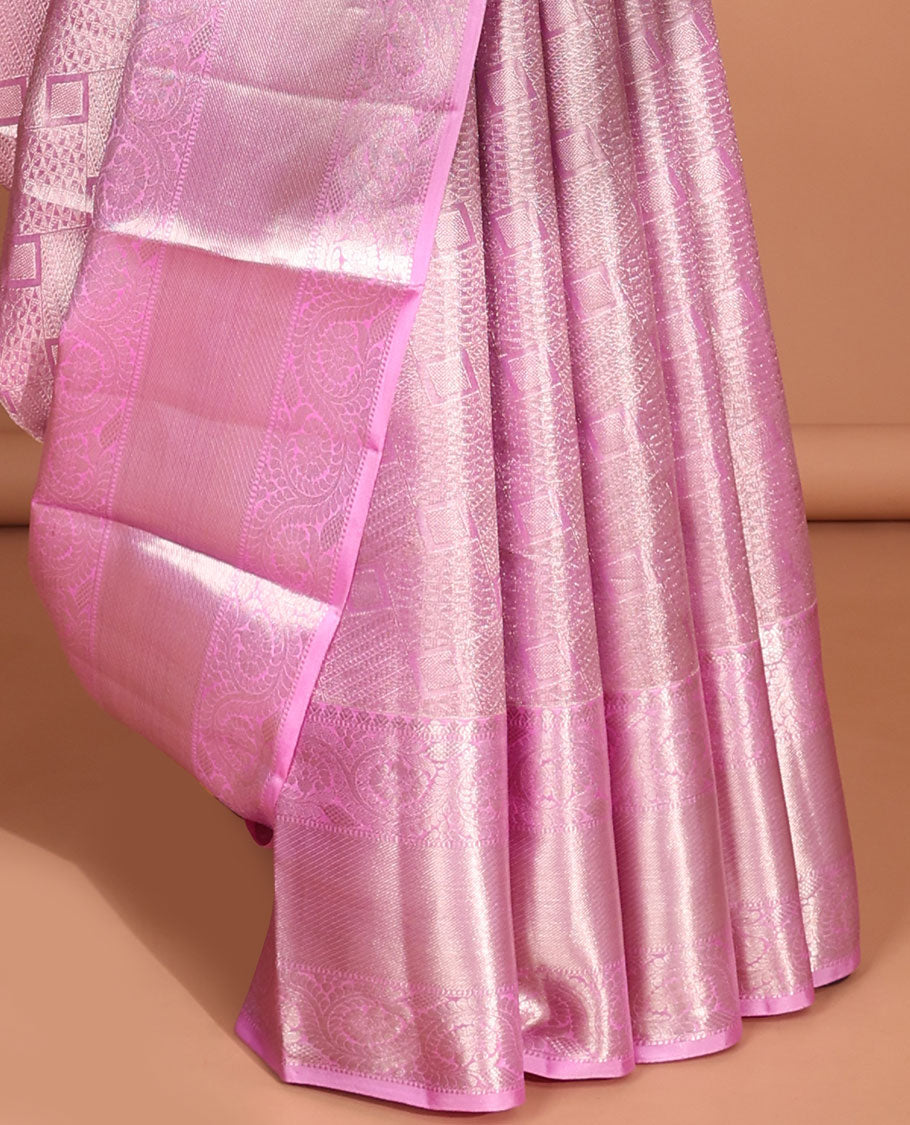 Lavender geometric kancheepuram tissue silk saree, self border of rekku, muthu , banaras design & intricate zari pallu