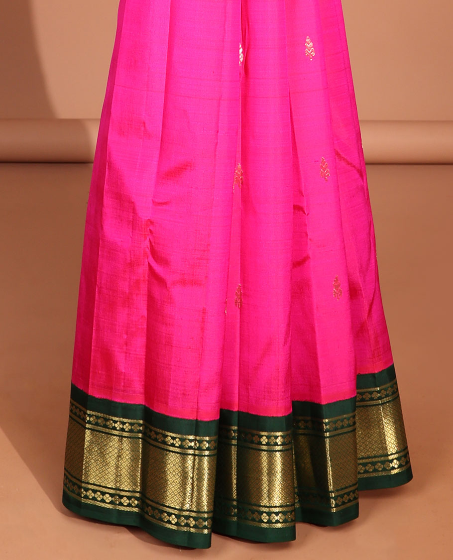 Pink floral buttas kancheepuram silk saree with contrast border of banaras , mayil kann designs &  zari design pallu