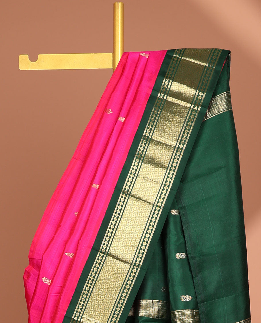 Pink floral buttas kancheepuram silk saree with contrast border of banaras , mayil kann designs &  zari design pallu
