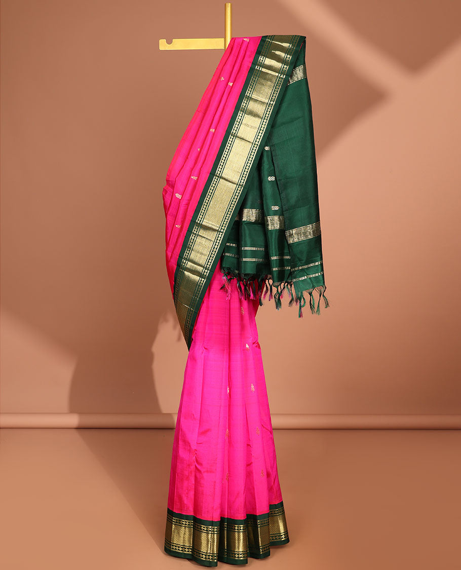 Pink floral buttas kancheepuram silk saree with contrast border of banaras , mayil kann designs &  zari design pallu