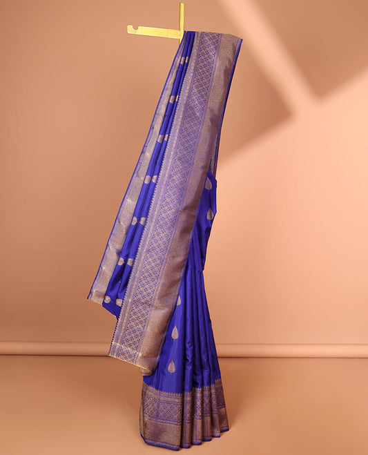 Blue leaf buttas kanchipuram silk saree with self border of thilakam mokku, banaras,muthu,ara maadam design & zari design pallu