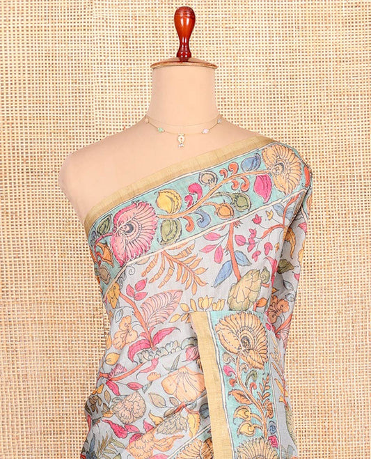 Pale Blue Semi-Tussar Saree Detailed with Kalamkari-Style Colorful Floral Print, Complemented by a Contrast Floral Printed Border, Pallu Depicting Krishna and Gopis Print, and Paired with a Matching Printed Blouse