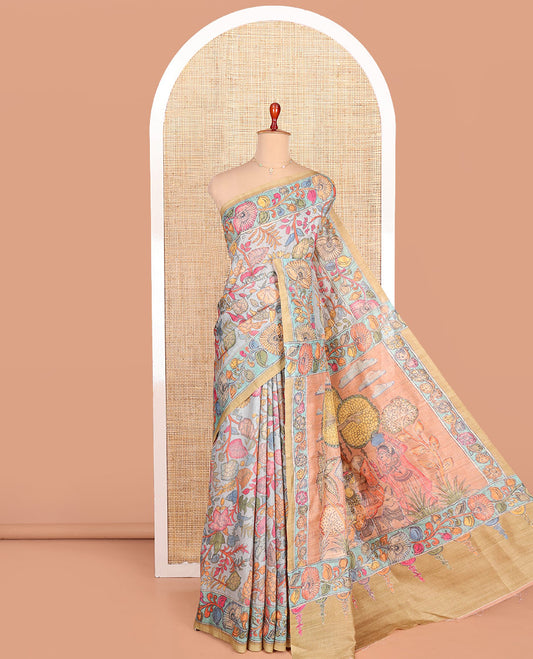 Pale Blue Semi-Tussar Saree Detailed with Kalamkari-Style Colorful Floral Print, Complemented by a Contrast Floral Printed Border, Pallu Depicting Krishna and Gopis Print, and Paired with a Matching Printed Blouse