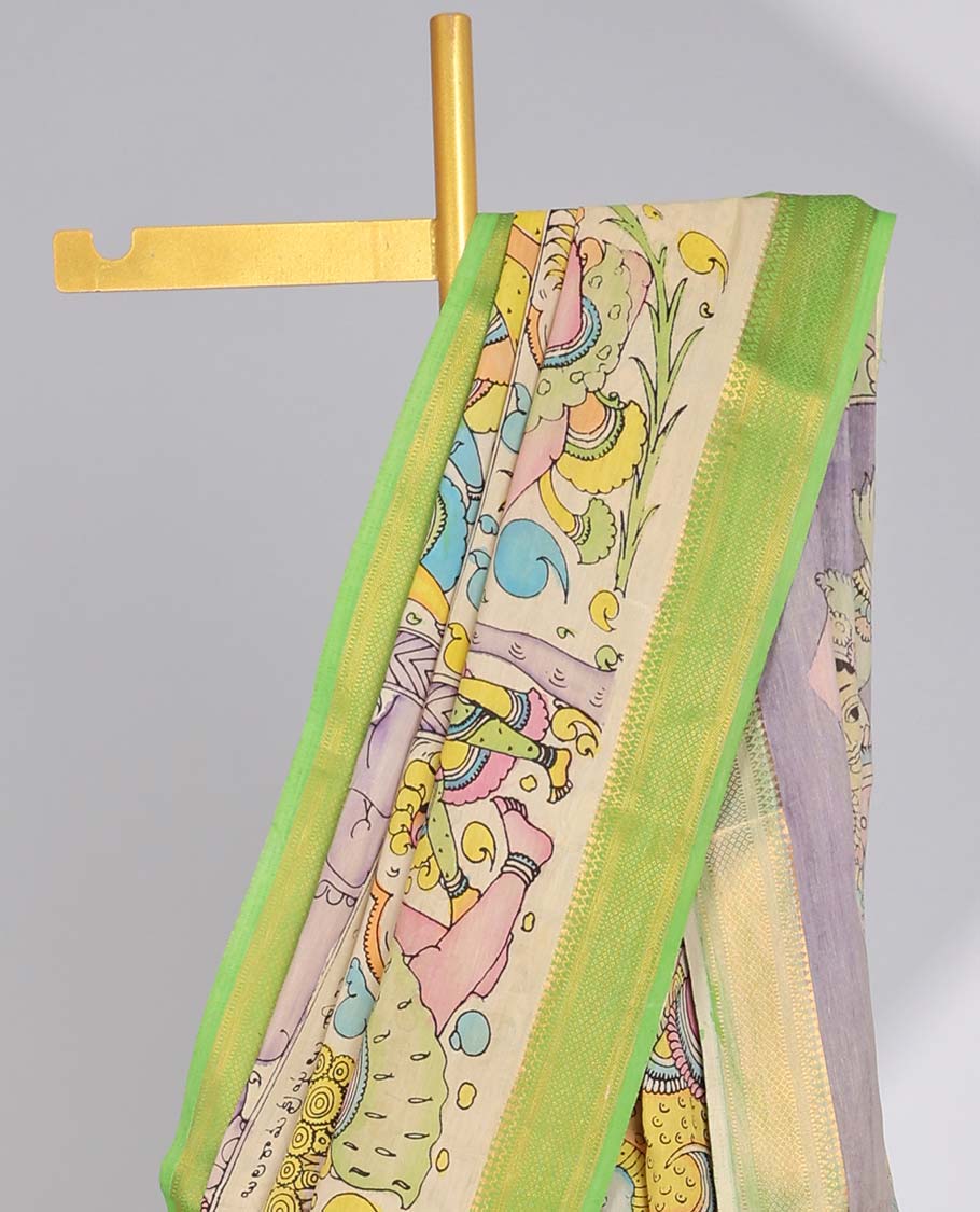 Cream pichwai style design handpainted pen kalamkari silk saree with plain contrast border & pichwai style design pallu