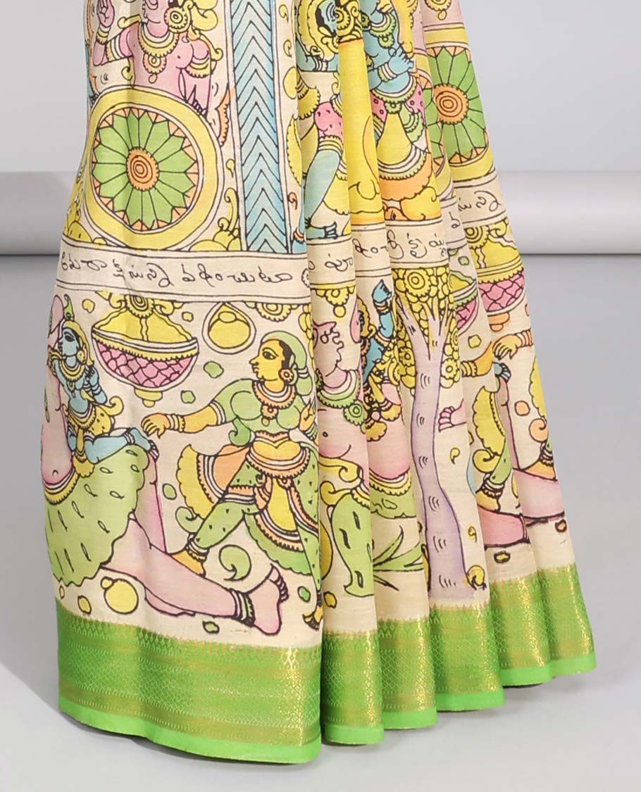 Cream pichwai style design handpainted pen kalamkari silk saree with plain contrast border & pichwai style design pallu